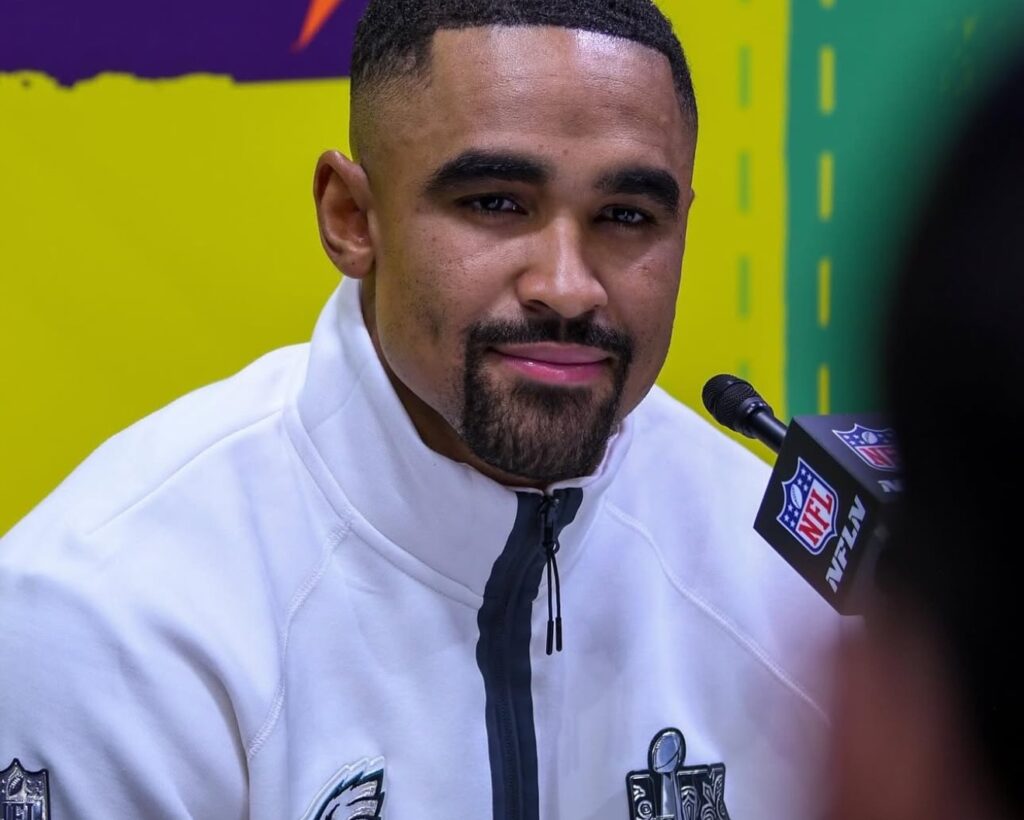 Jalen Hurts talks to the media. The Philadelphia Eagles QB was named the MVP of the game, setting a record for a QB rushing for 72 yards, and he ran for a touchdown. Passing, he was 17-for-22 for 221 yards and two touchdowns. Madisyn Herman photo.