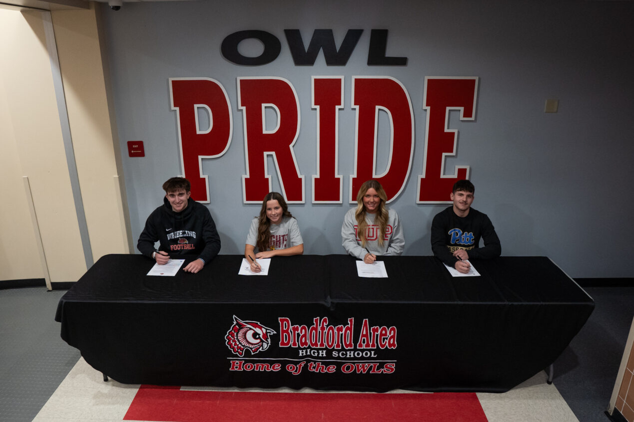 On Wednesday, four Bradford athletes signed their letters of intent to play college sports. Talan Reese (left to right) will be attending Wheeling University for football, Bella Prince will attend Gannon University for soccer, Bella Rhoades is heading to Indiana University of Pennsylvania for swimming and AJ Lama will be playing baseball an the University of Pittsburgh at Bradford. | Photo by Hunter O. Lyle