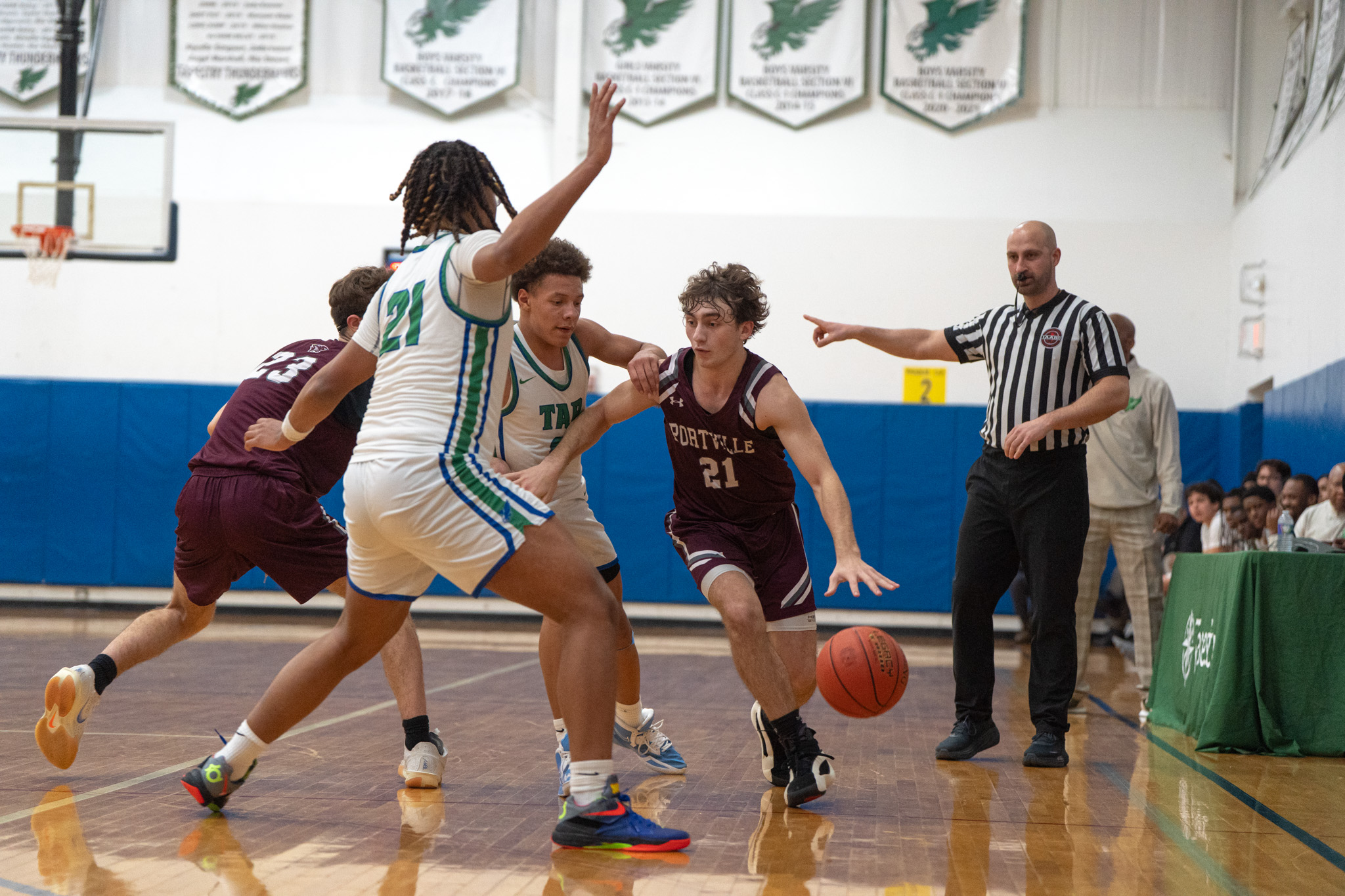 Portville's Aidan DeFazio drives past two defenders during the Panthers' loss to Tapestry in the first round of the Section VI Class B playoffs. | Photo by Hunter O. Lyle