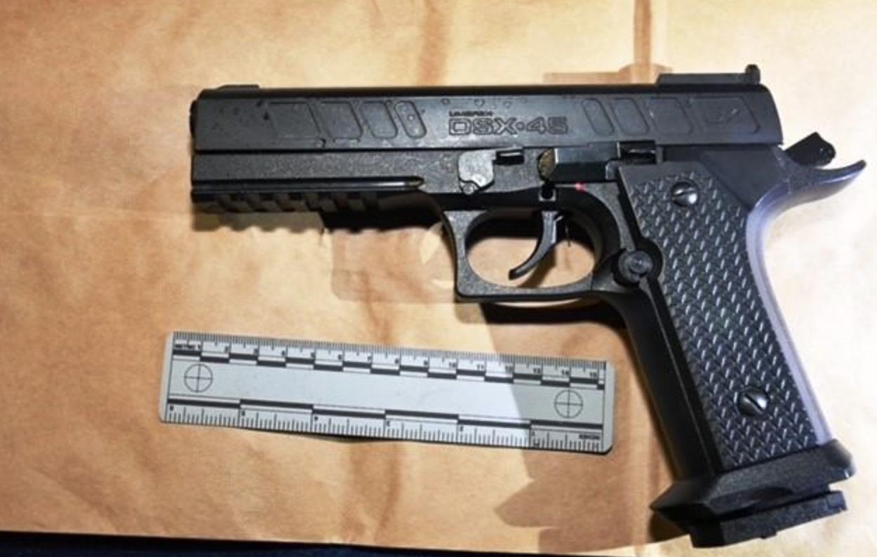 (NYSP Photo) This black BB gun pistol was recovered from the scene of a shooting on North Seventh Street in Olean early Wednesday after an Olean man pointed it at troopers. Three troopers shot Thomas A. Wright, 23, after he threatened them with it, body cam video shows.