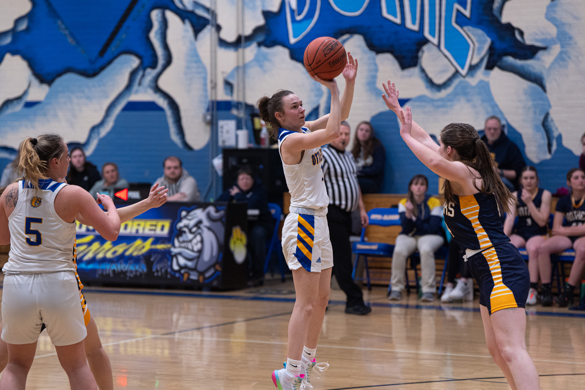 Otto-Eldred's Addie Bell shoots a contested jumper during the Lady Terrors' 55-point win over Northern Potter in the District 9 Class A semifinals. | Photo by Hunter O. Lyle