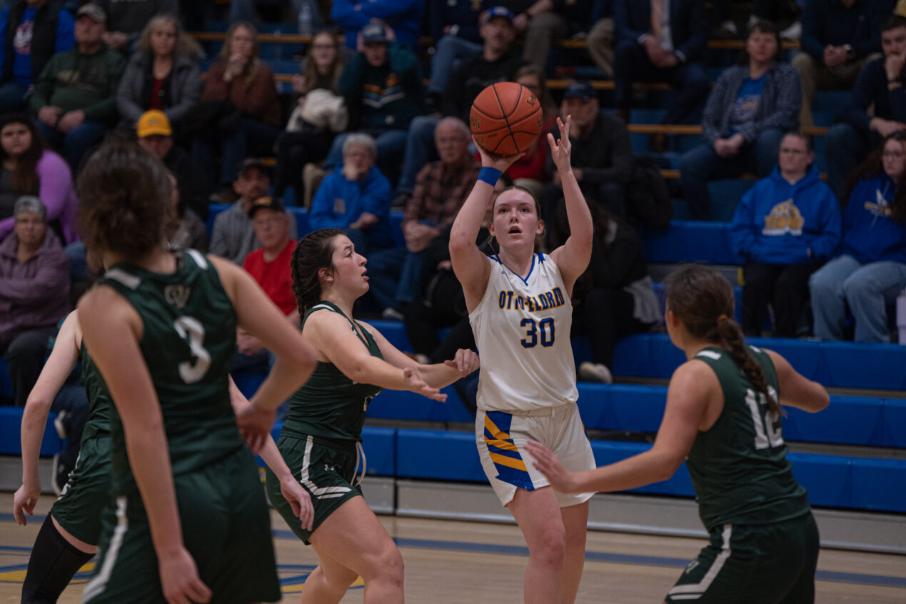 Lexi Prince takes a contested mid-range jump shot during the Lady Terrors' loss to OV on Senior Night. | Photo by Hunter O. Lyle