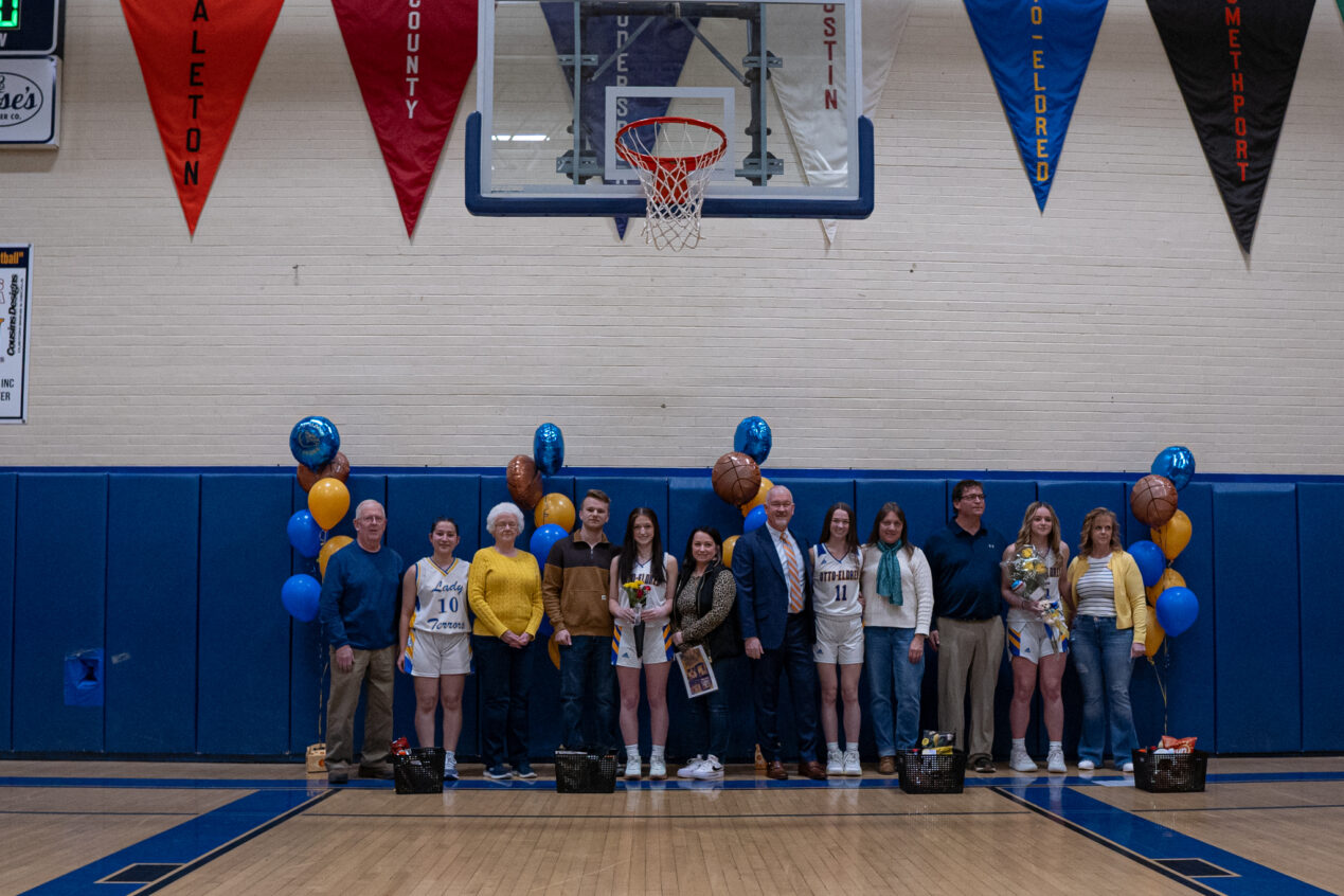 Ahead of their contest with Oswayo Valley, Otto-Eldred recognized their four seniors. Posing with their families is Sueda Dagci (left to right), Reese Kinney, Addie Bell and Carrie Drummond. | Photo by Hunter O. Lyle