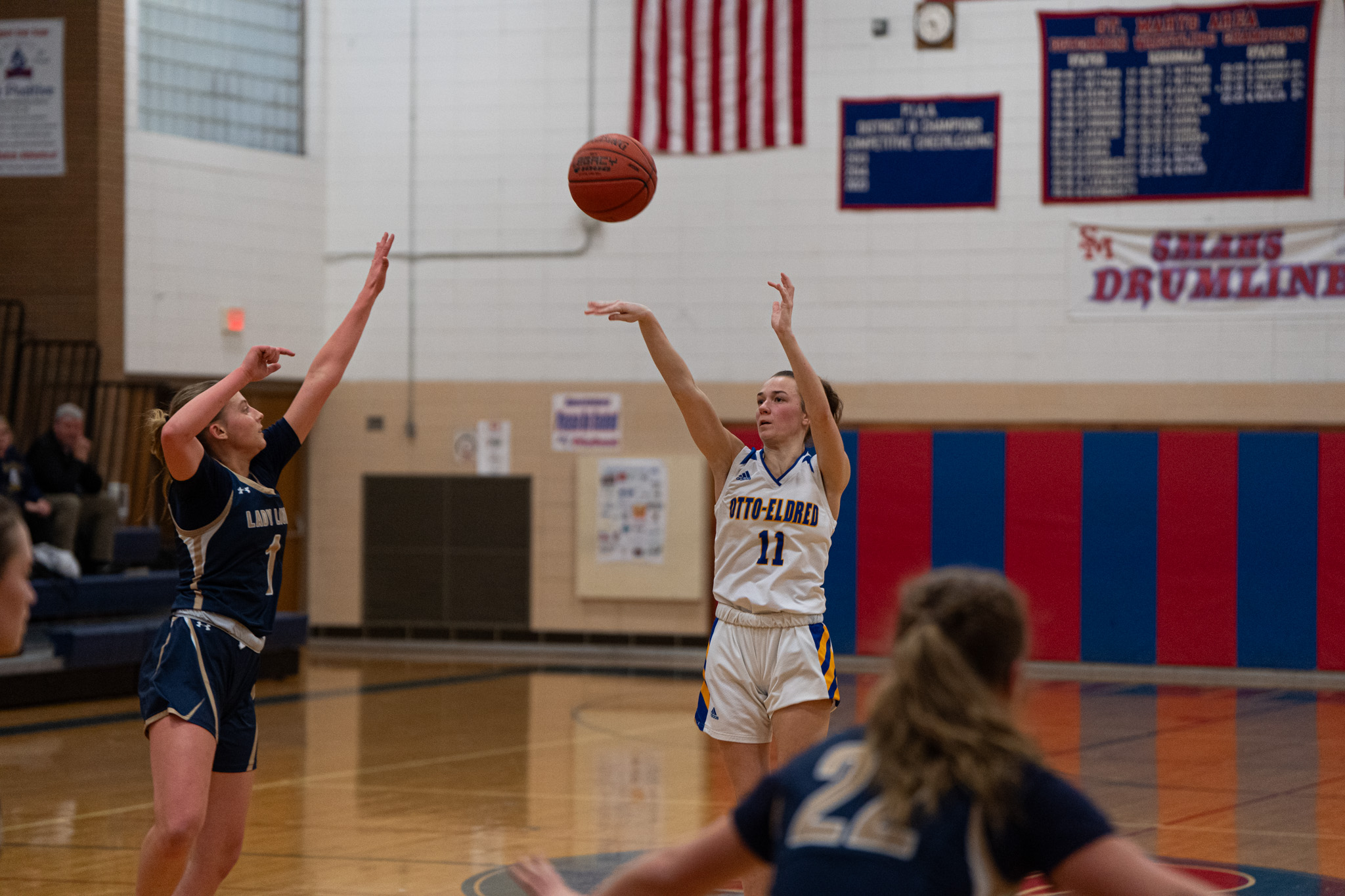 Otto-Eldred's Addie Bell pulls up from long range during the Lady Terrors' win over Clarion-Limestone in the District 9 Class A semifinals. | Photo by Hunter O. Lyle