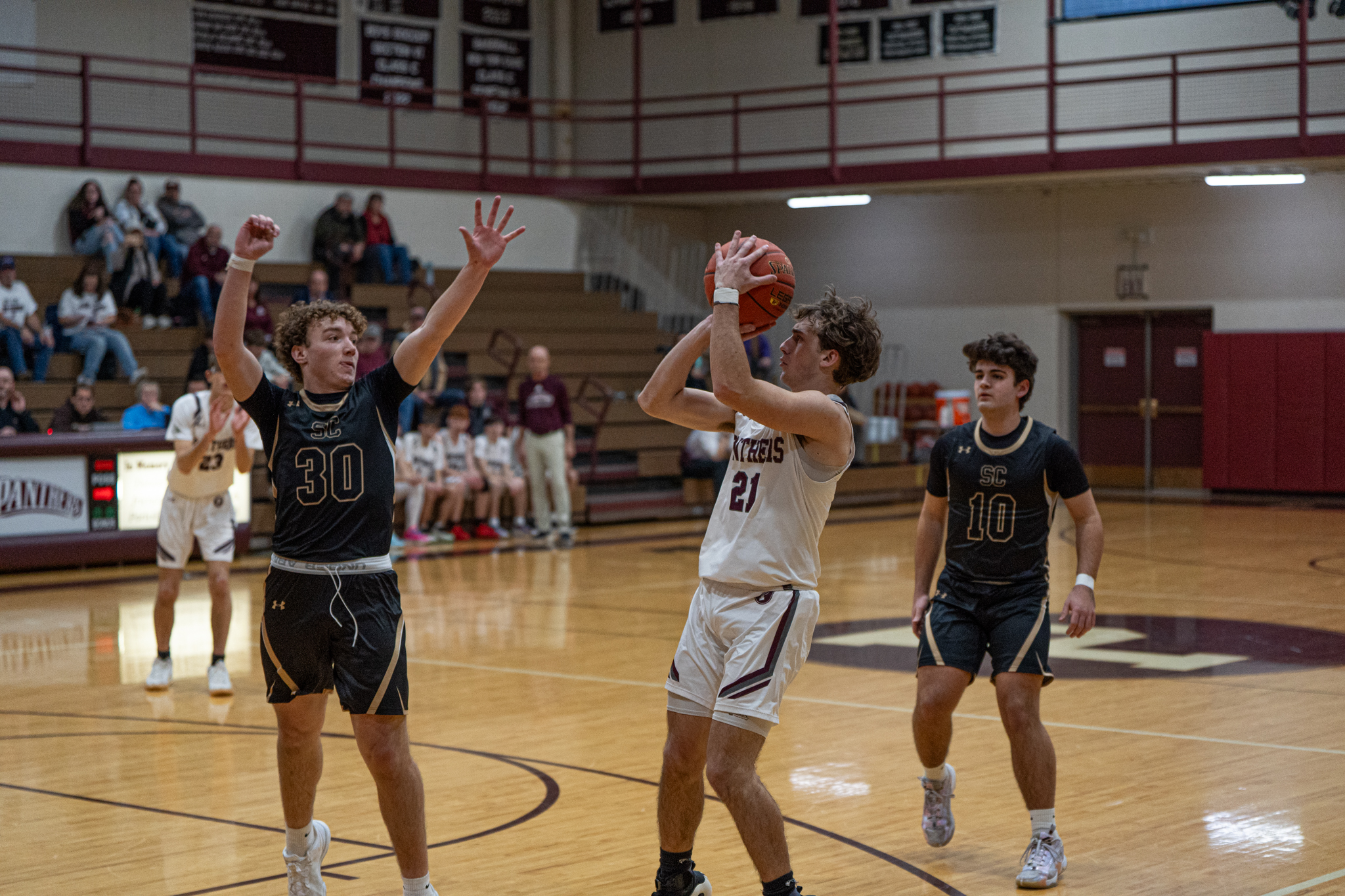 Portville's Aidan DeFazio stops and pops for a contested jumper during the Panthers' loss to Silver Creek. DeFazio ended with a team-high 18 points. | Photo by Hunter O. Lyle