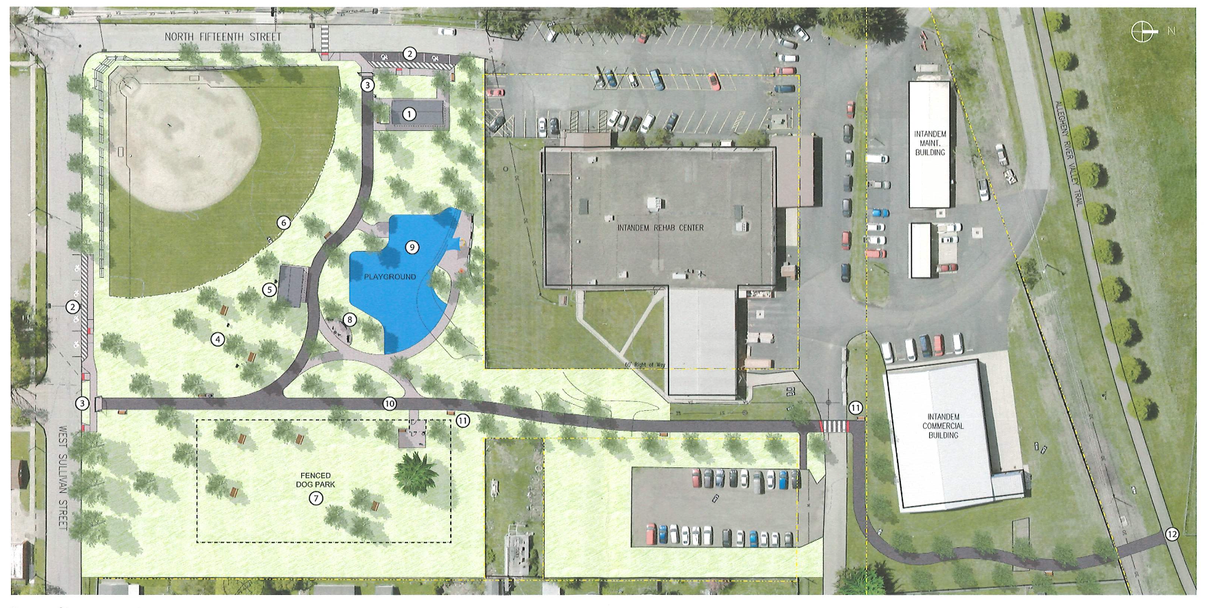(City of Olean) This an artist’s rendition of the planned redevelopment of Marcus Park including an inclusive playground, dog park, softball field and picnic area. There is also a shared use path to the nearby Allegheny River Valley Trail.