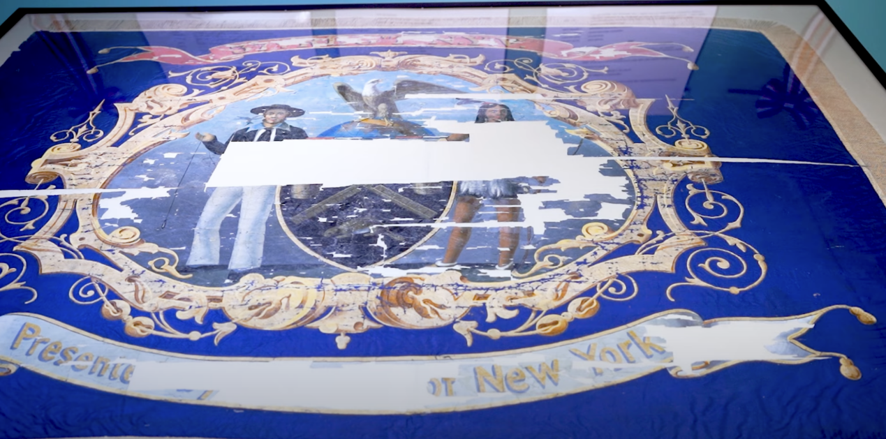 (Cattaraugus County Museum) Before restoration and after photos of the 37th Regiment Presentation Flag, which included companies of Civil War volunteers from Little Valley and Ellicottville.