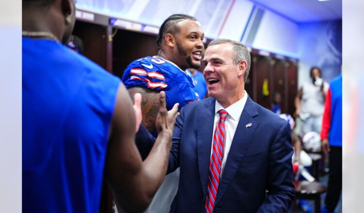 Brandon Beane said “It’s not ideal to have two guys with (suspensions) … Both guys have never had any issues off the field. It’s a tough lesson of where do you get your supplements or whatever happened.” Buffalo Bills photo)
