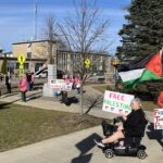 (Rick Miller/Olean Star) Members of the Cattaraugus-Allegany Liberation Collective protest Tuesday in Lincoln Park in Olean over renewed bombing in Gaza by Israel.