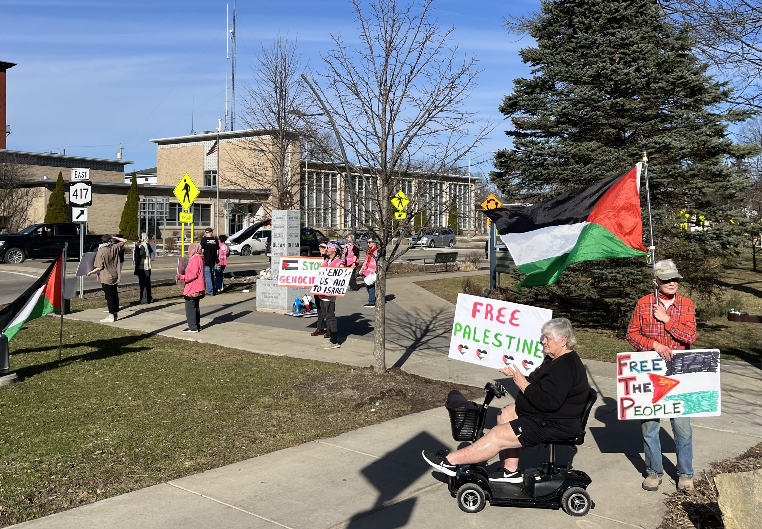 (Rick Miller/Olean Star) Members of the Cattaraugus-Allegany Liberation Collective protest Tuesday in Lincoln Park in Olean over renewed bombing in Gaza by Israel.