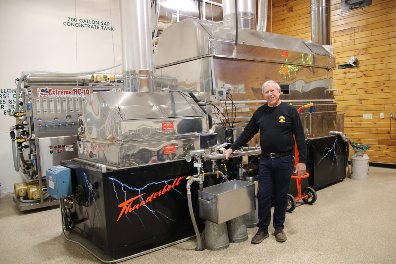 (Rick Miller/Olean Star)
Randy Sprague, owner of Sprague Maple Farms watches over a valve that releases sap from the plastic tubing into a tank behind Sprague’s Restaurant.