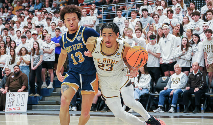 Noah Bolanga, a freshman guard from France, drives to the basket against Kent State Tuesday night. St. Bonaventure photo)