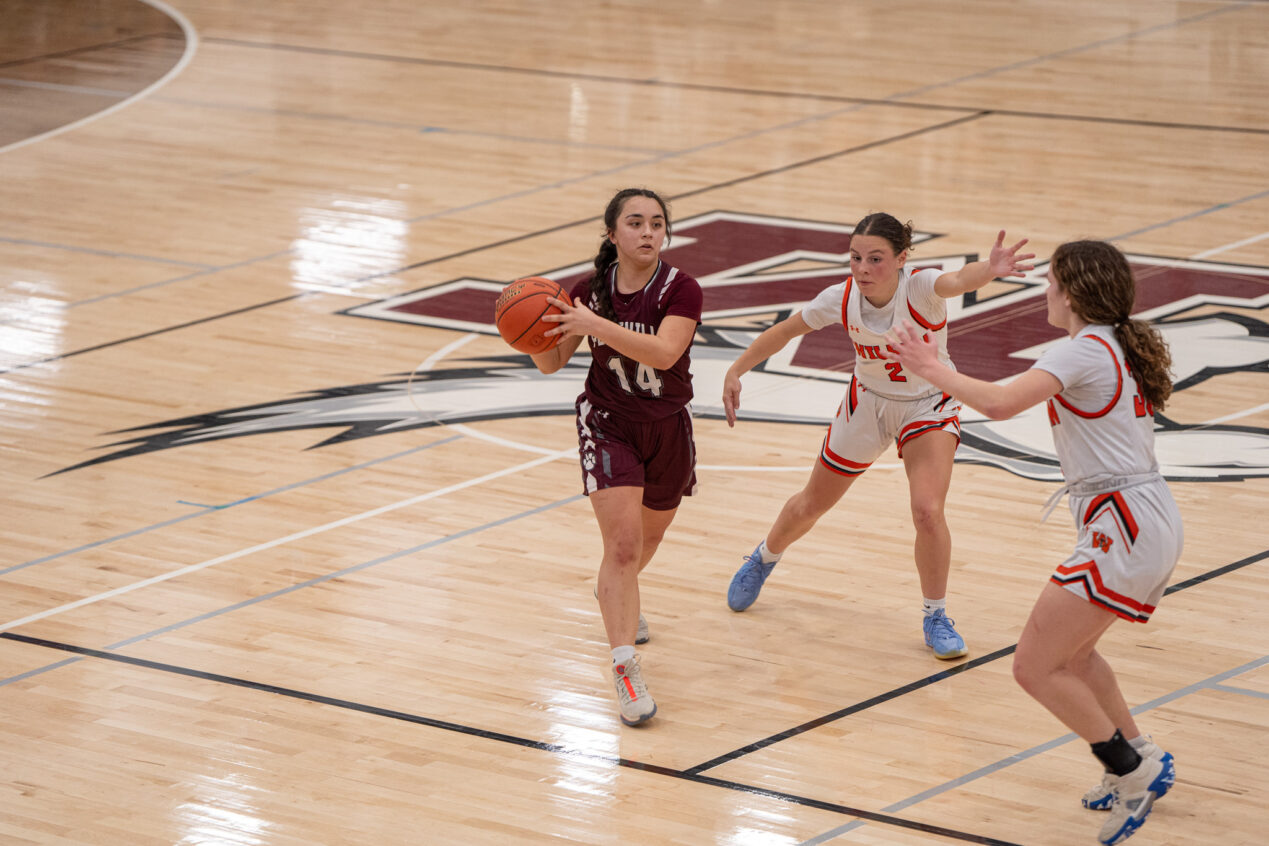 Portville's Emma Rhinehart passes out of a Wilson double team during their loss in the Class B2 semifinals. | Photo by Hunter O. Lyle