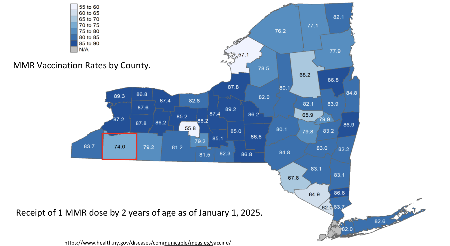 (NYS Health Department) NYS Health Department map of the state shows Cattaraugus County among the lowest counties in the state in terms of measles vaccination rates.