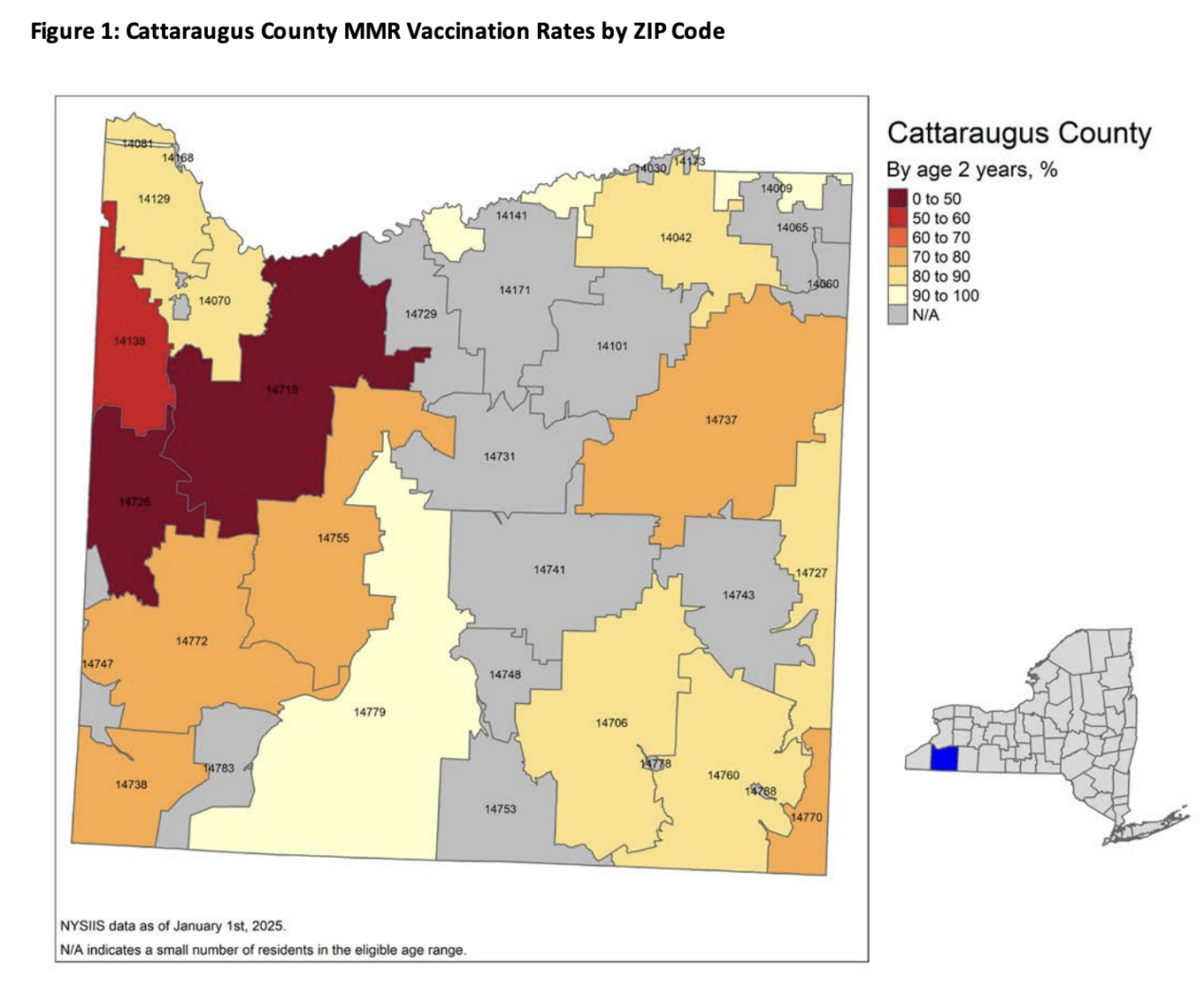 (NYS Health Department)
Map shows Cattaraugus County measles vaccination rates by zip code. Many are not listed.