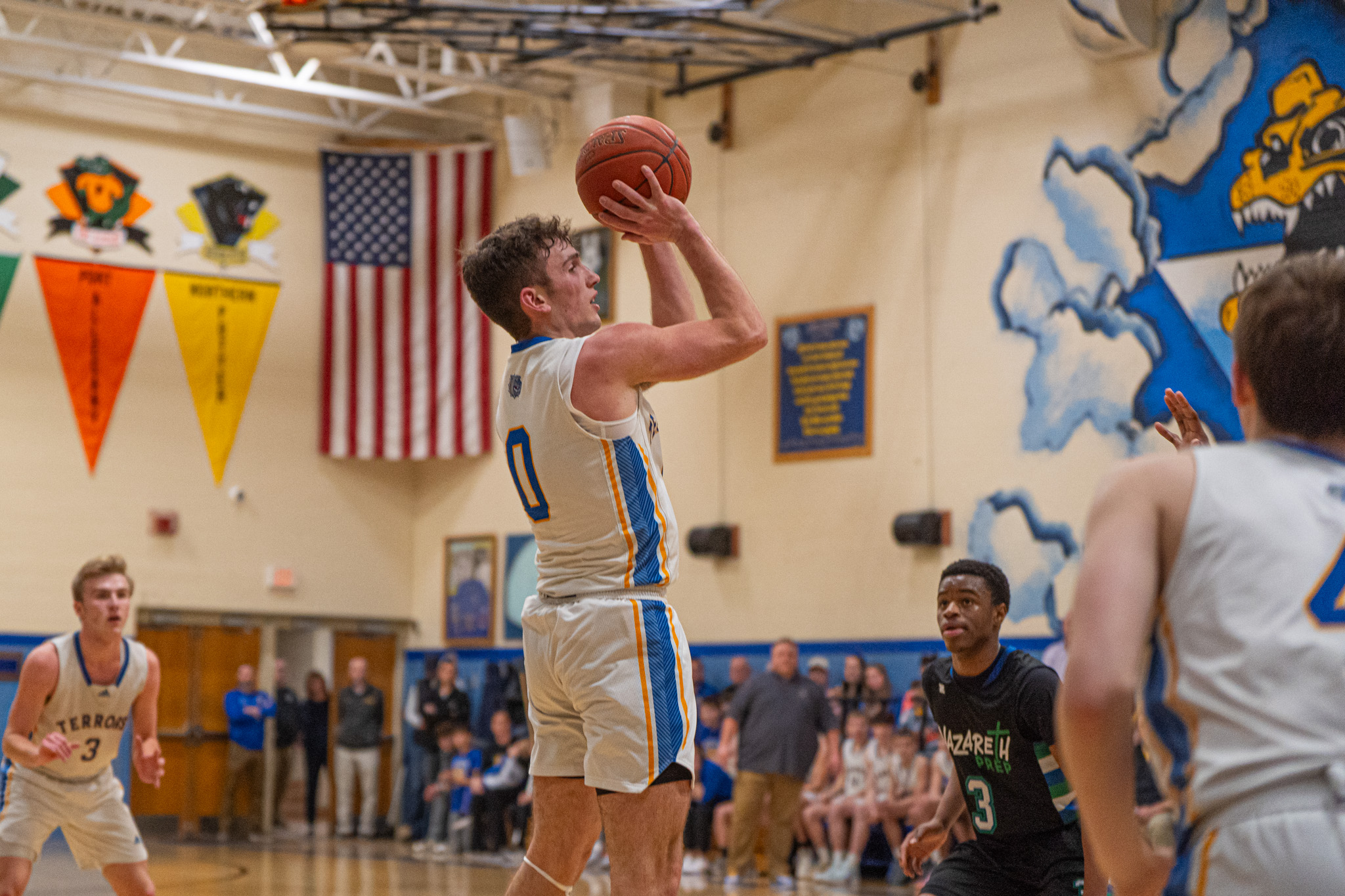 FILE: Otto-Eldred's Manning Splain takes a jumper during the Terrors' win over Naz Prep on Friday, March 7. Against Aquinas Academy, Splain would knock down four 3-points on the way to 19 points. | File photo by Hunter O. Lyle